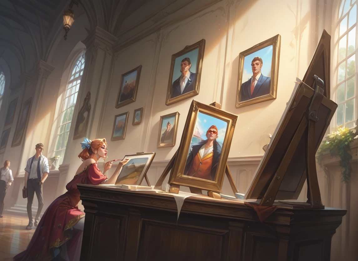 painting (object), indoors, window, dress, multiple boys, pants