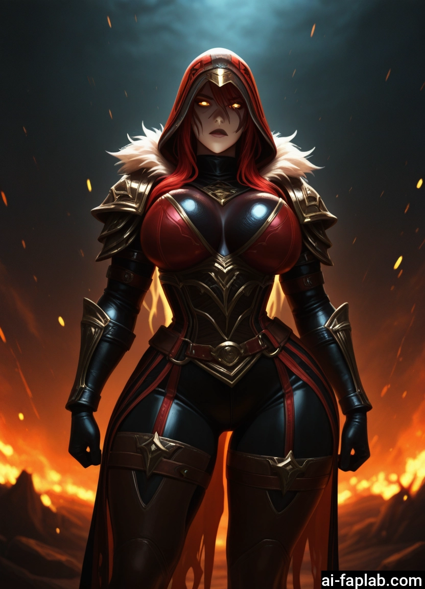 1girl, breasts, red hair, armor, hood, solo