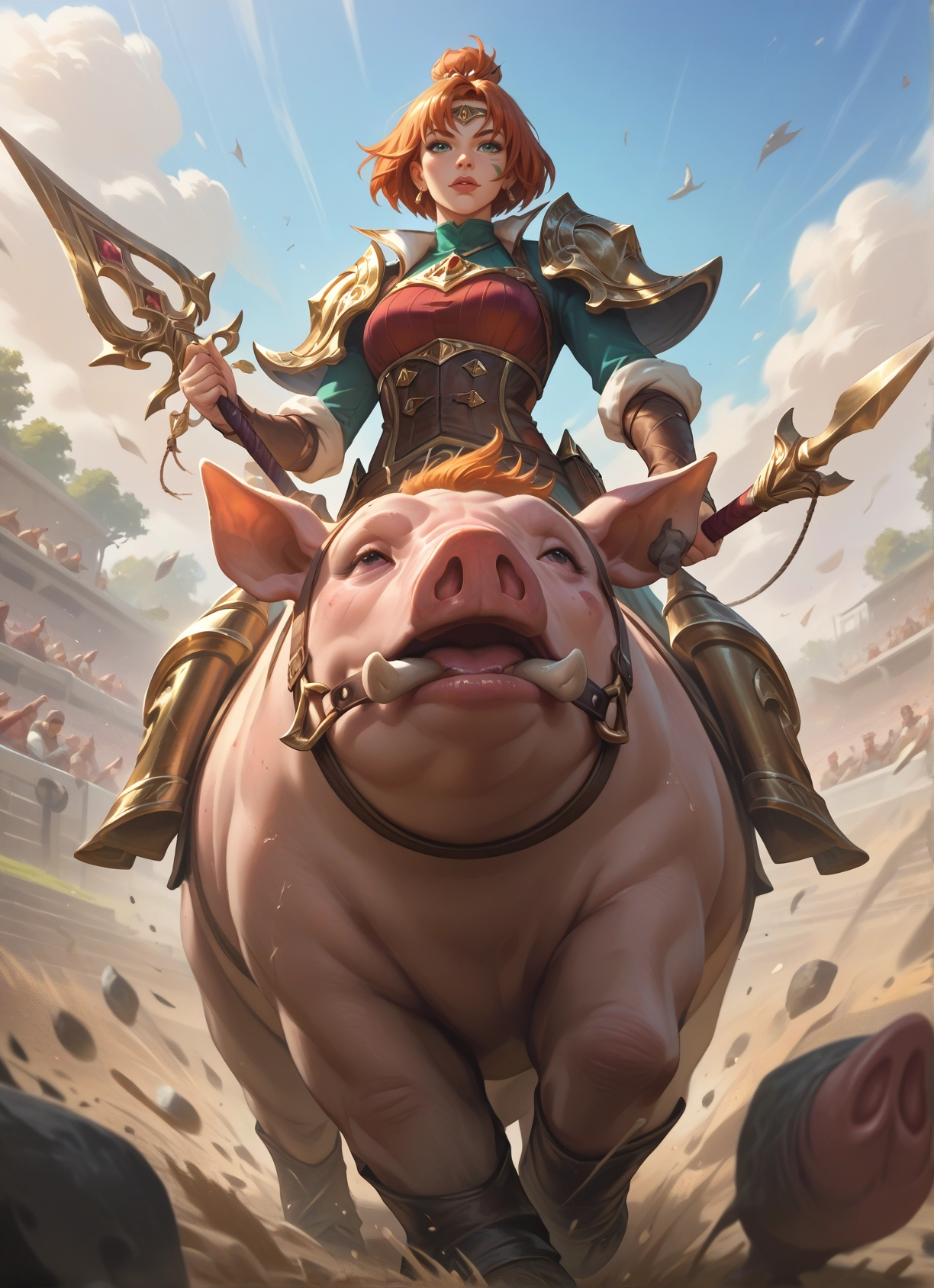 1girl, weapon, armor, polearm, riding, holding · Yamete.gg