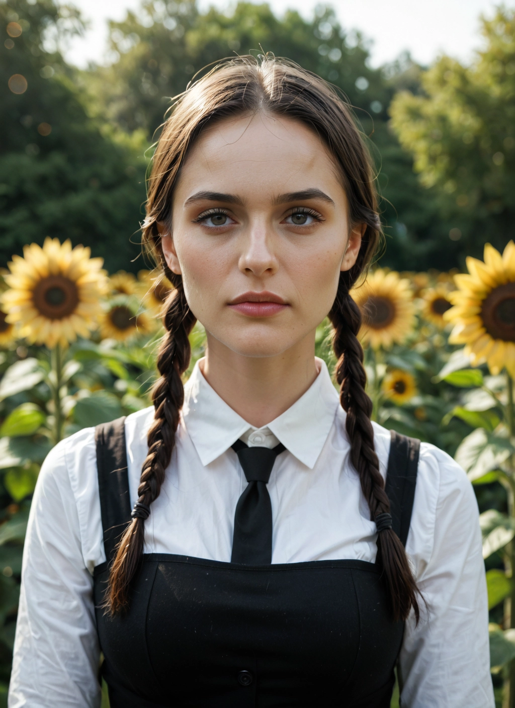 1girl, solo, flower, braid, sunflower, necktie · Yamete.gg