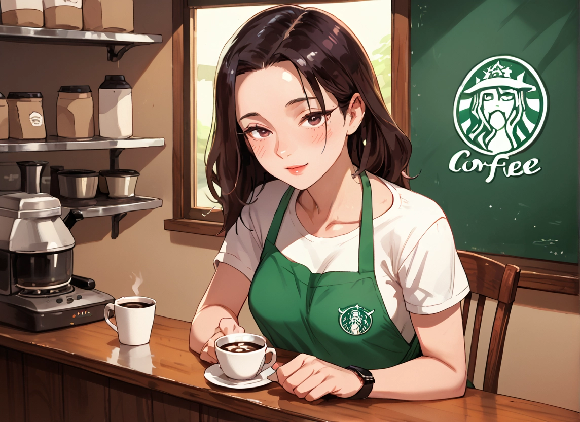1girl, apron, cup, solo, brown eyes, looking at viewer · Yamete.gg