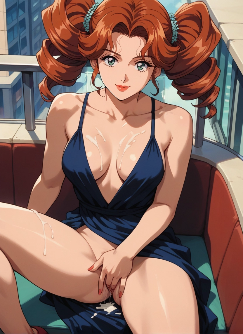 1girl, solo, breasts, dress, cum, drill hair · Yamete.gg