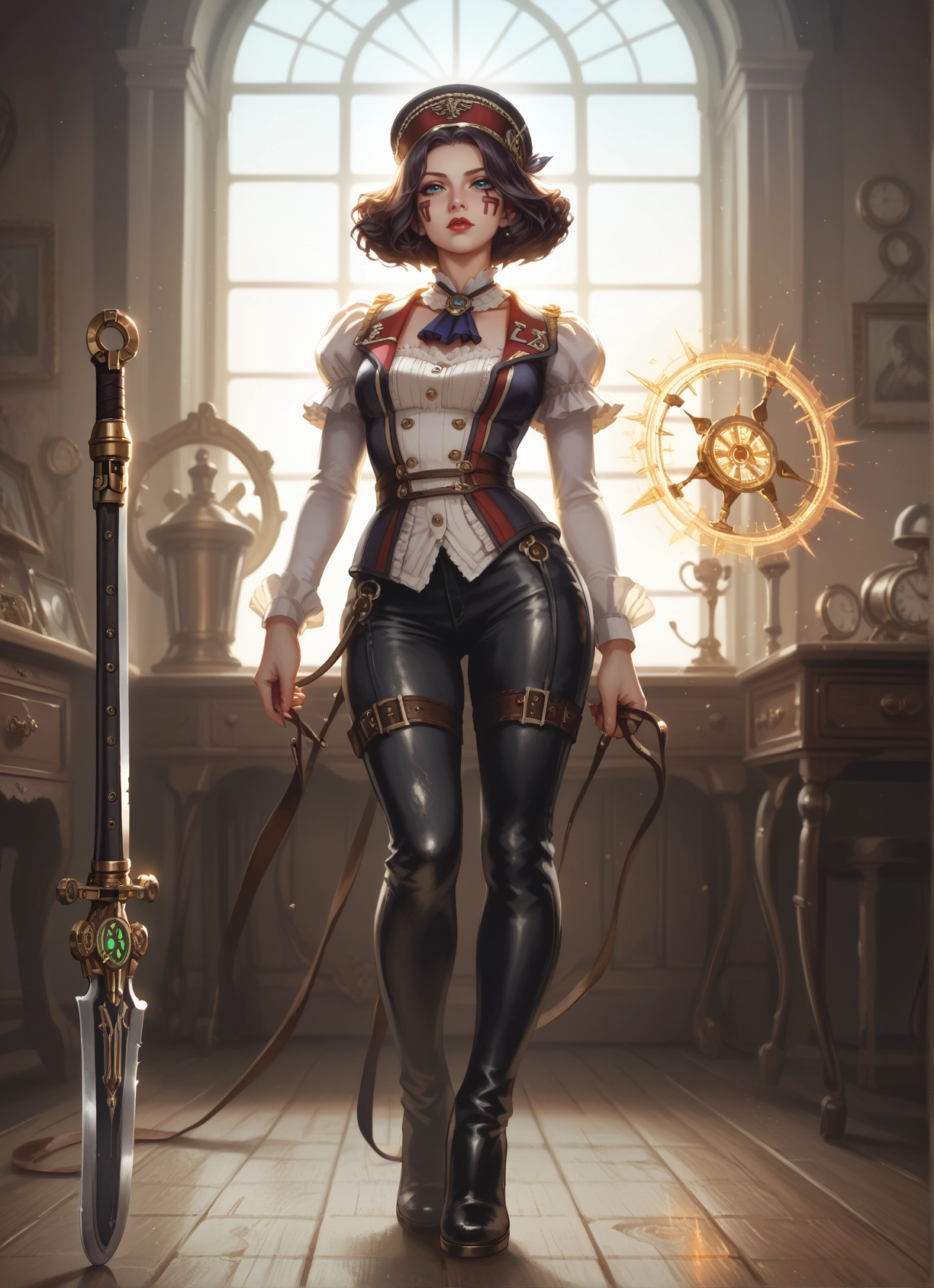 1girl, weapon, solo, hat, sword, blue eyes · Yamete.gg