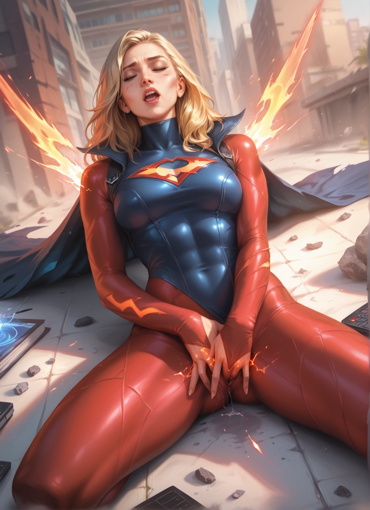 1girl, blonde hair, solo, bodysuit, breasts, pussy juice · Yamete.gg