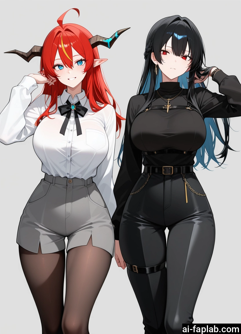 multiple girls, 2girls, breasts, horns, red eyes, pantyhose