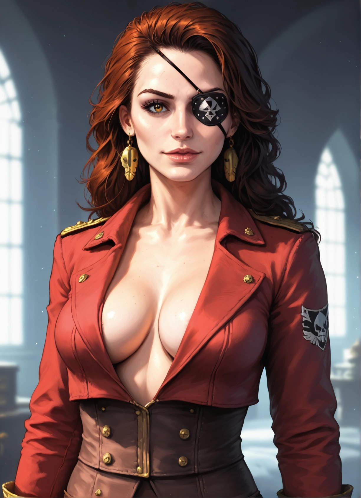 1girl, breasts, eyepatch, solo, jewelry, earrings · Yamete.gg