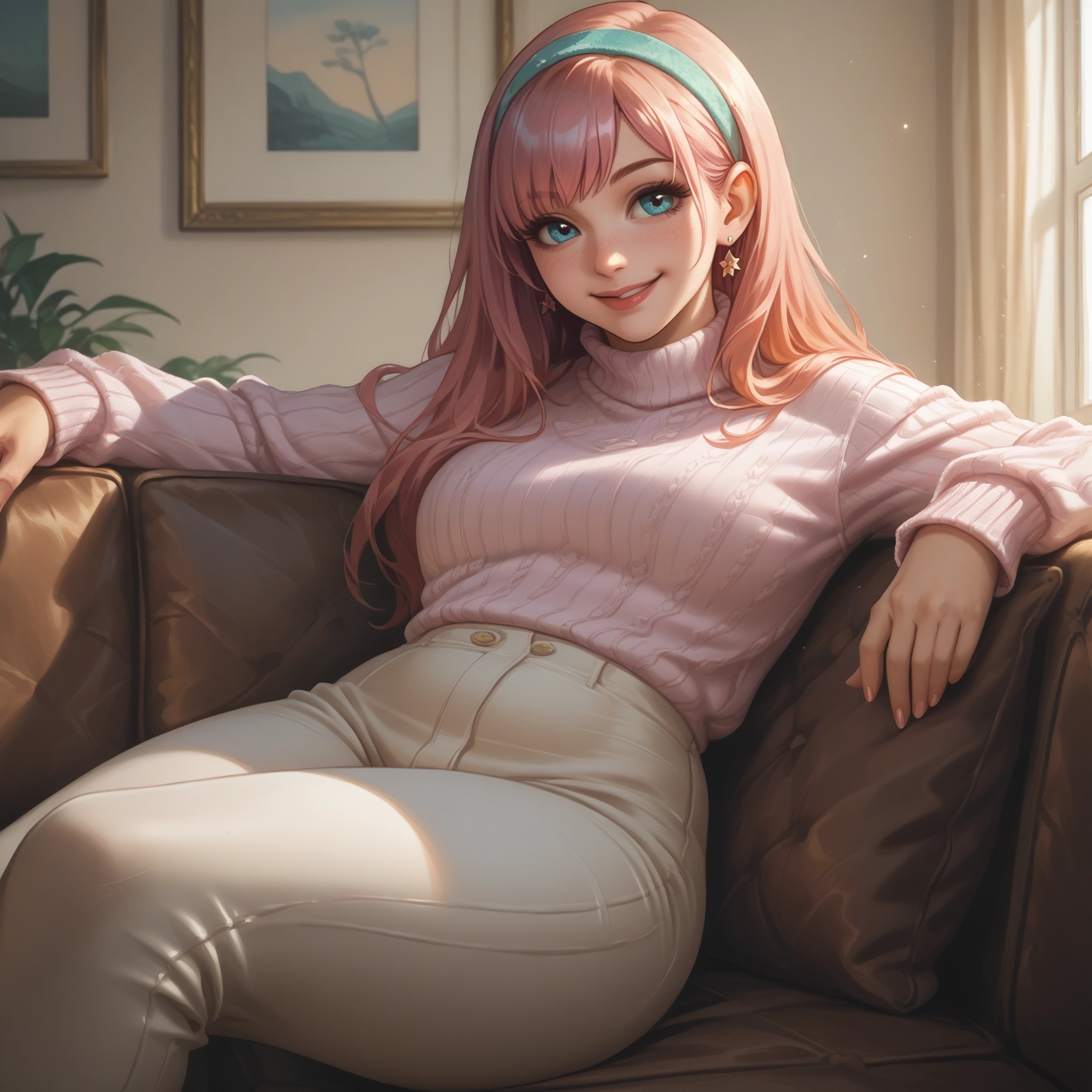 1girl, jewelry, sweater, earrings, pants, smile · Yamete.gg