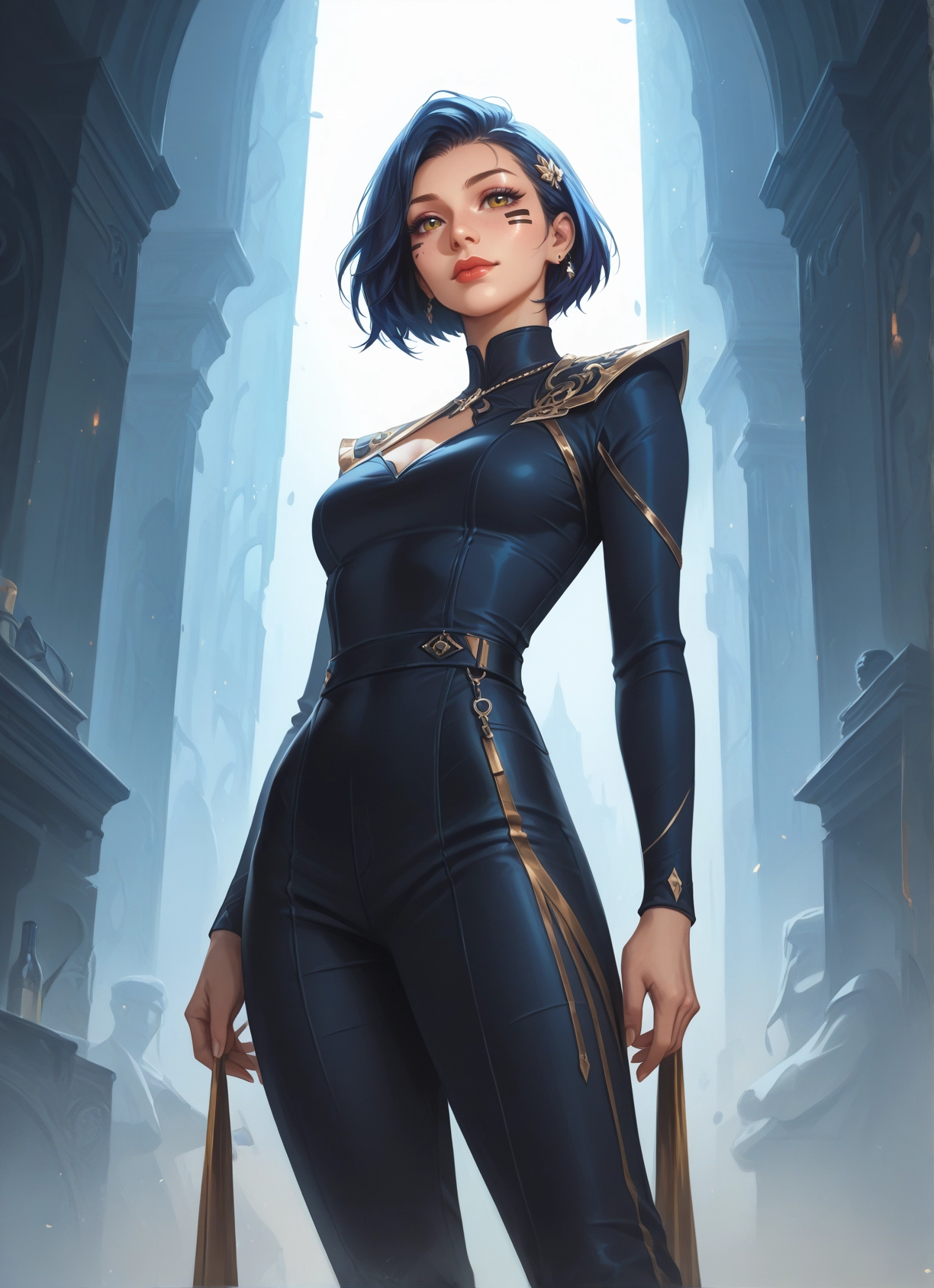 1girl, jewelry, earrings, short hair, breasts, facial mark · Yamete.gg