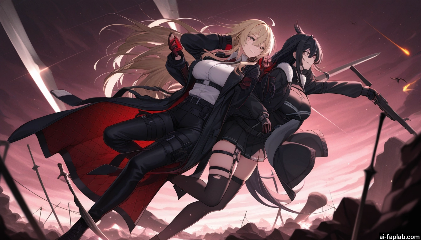 weapon, gun, blonde hair, multiple girls, 2girls, long hair · Yamete.gg