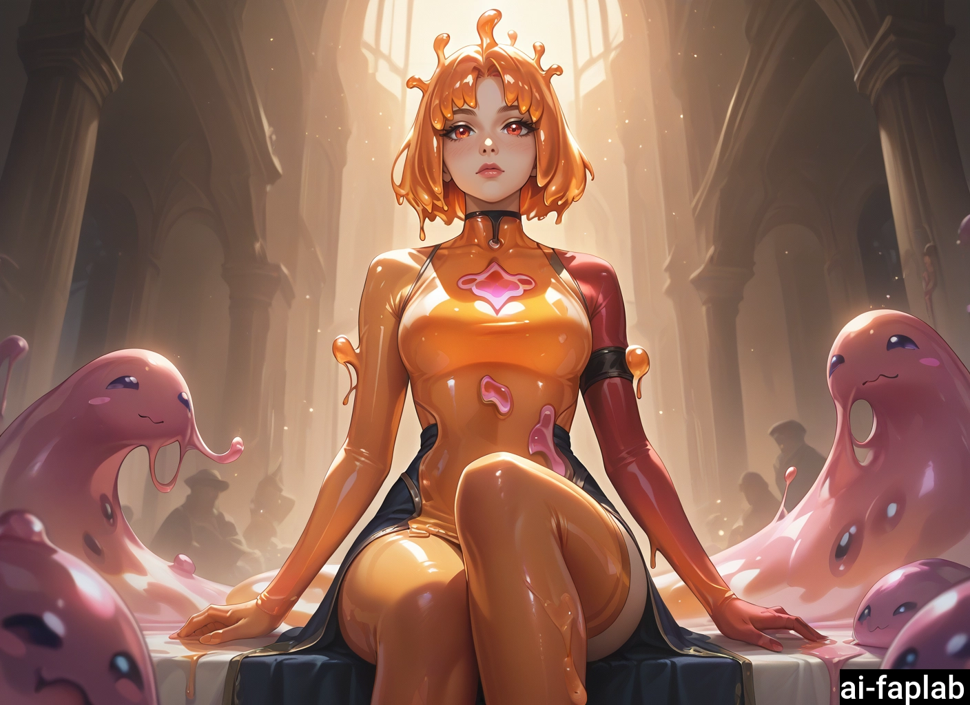 slime girl, orange skin, sitting, breasts, orange hair, 1girl · Yamete.gg