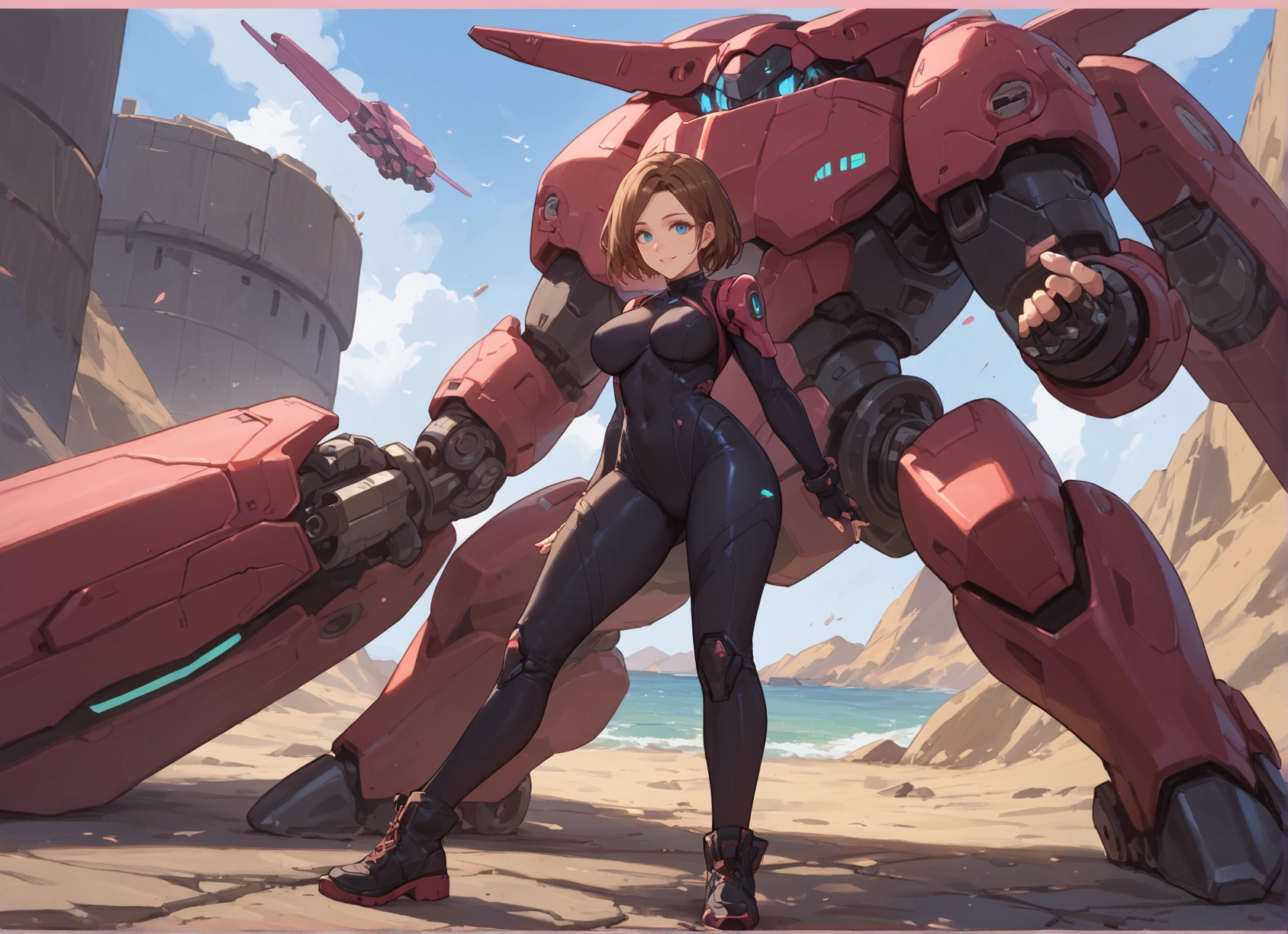 1girl, blue eyes, bodysuit, breasts, brown hair, short hair · Yamete.gg