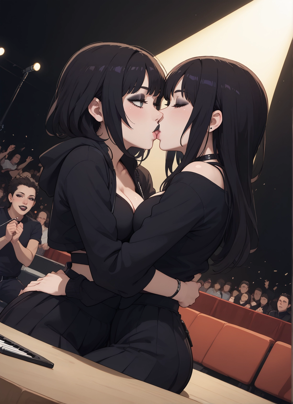 breasts, multiple girls, black hair, kiss, 2girls, skirt · Yamete.gg