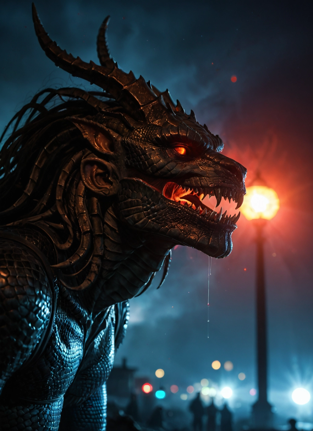 open mouth, no humans, lamppost, horns, scales, saliva · Yamete.gg