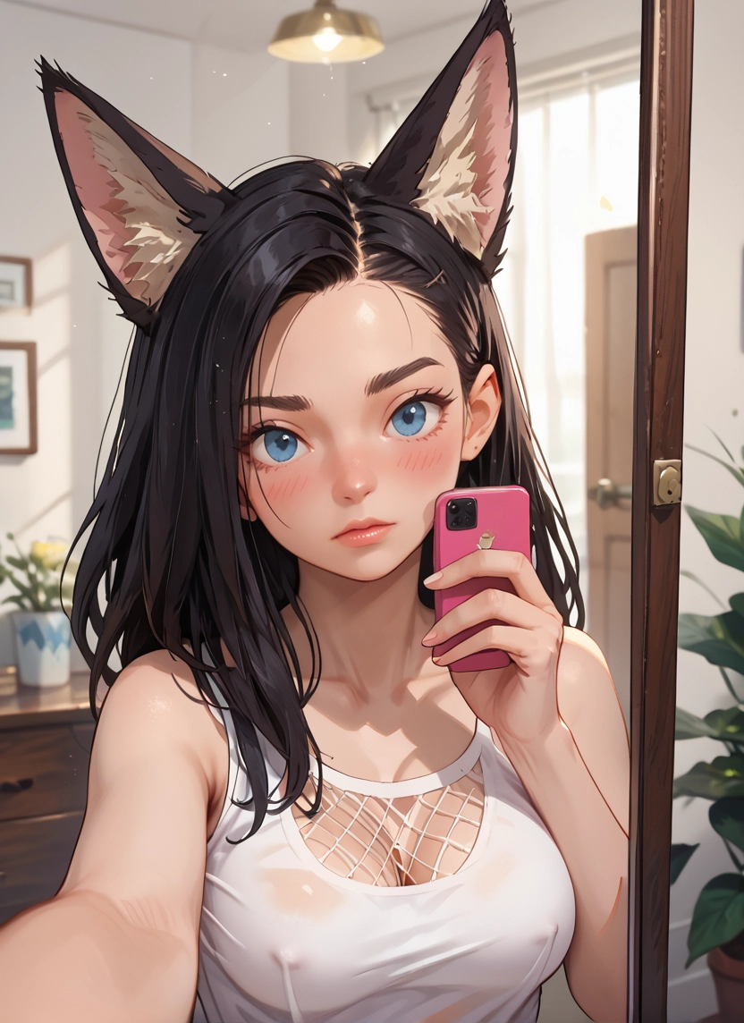 1girl, breasts, animal ears, blue eyes, phone, selfie · Yamete.gg