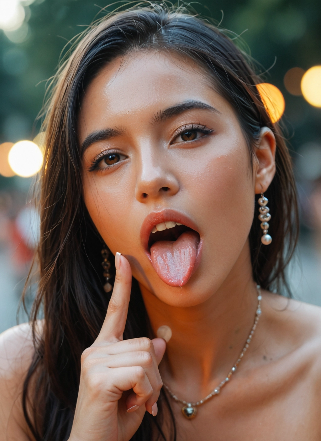 1girl, solo, jewelry, earrings, tongue, tongue out · Yamete.gg