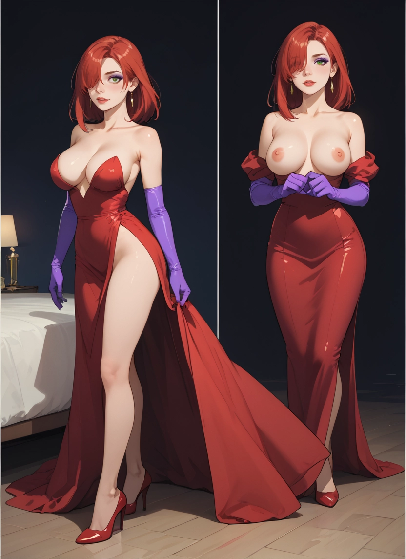 breasts, nipples, 1girl, dress, gloves, high heels · Yamete.gg