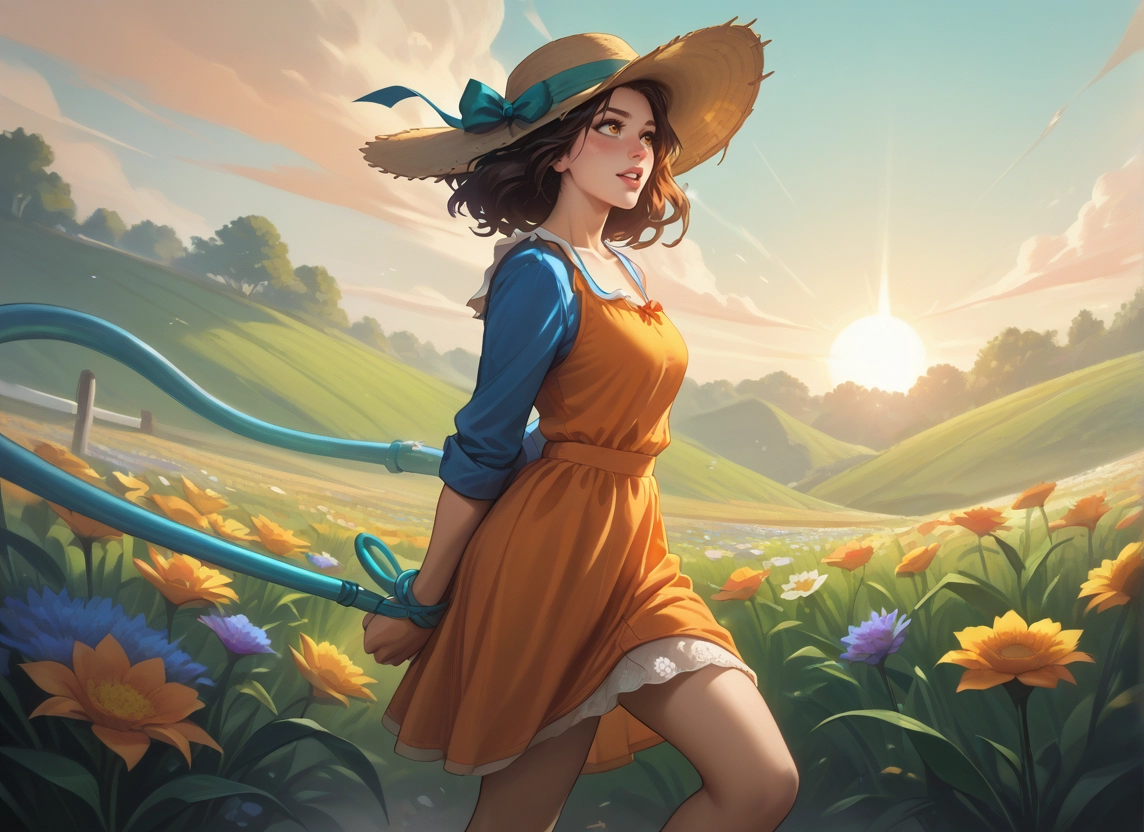 1girl, hat, flower, dress, solo, brown hair