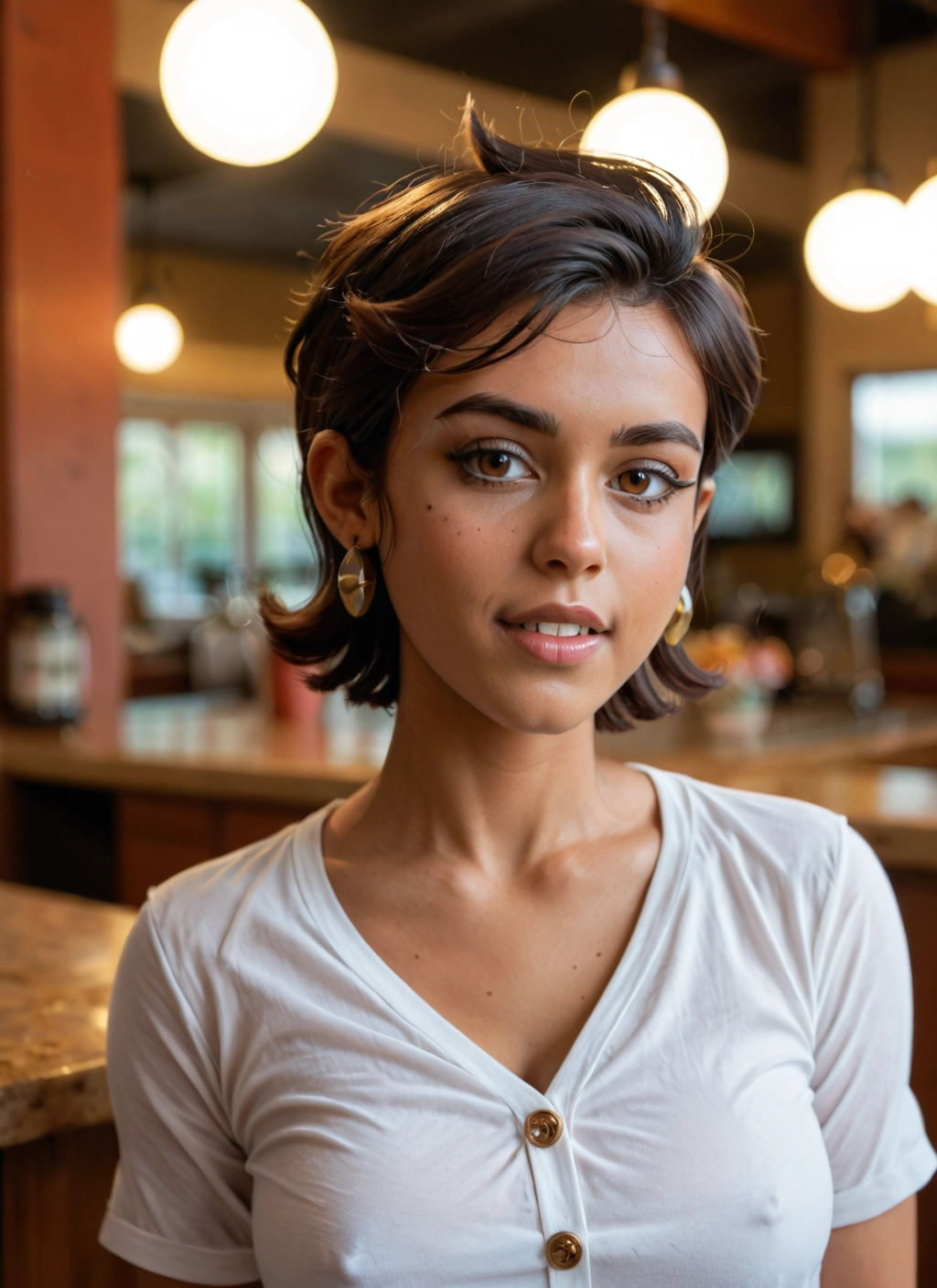 1girl, solo, jewelry, earrings, brown eyes, freckles · Yamete.gg