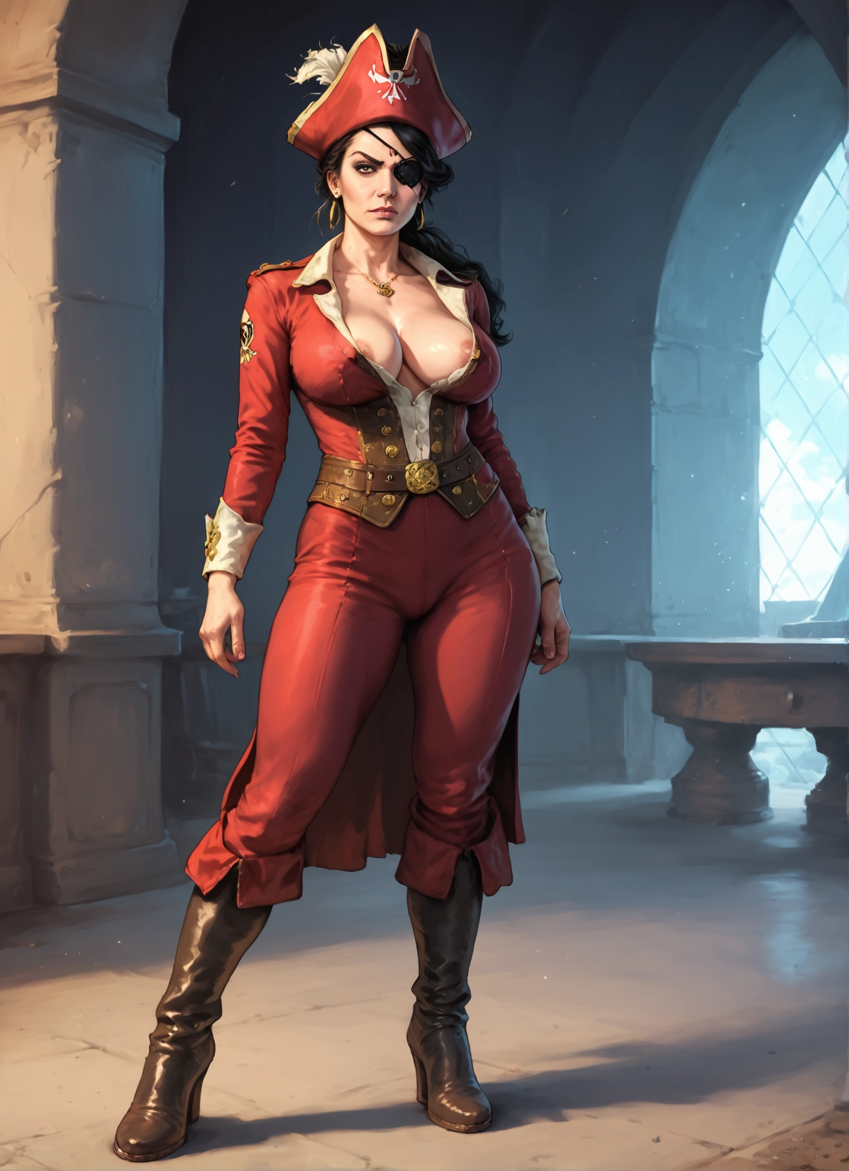 1girl, breasts, solo, eyepatch, boots, jewelry · Yamete.gg