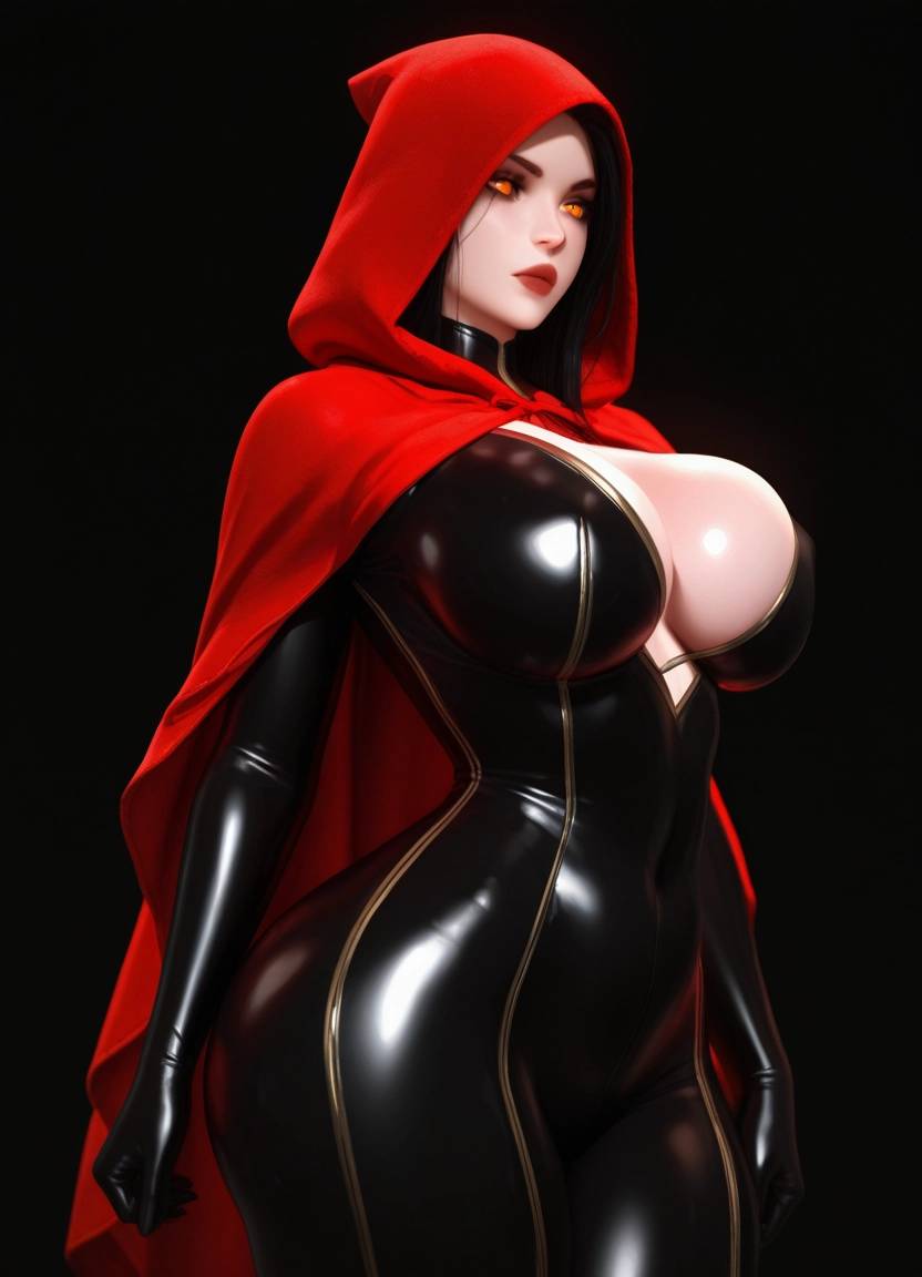 1girl, breasts, bodysuit, black hair, hood, solo · Yamete.gg