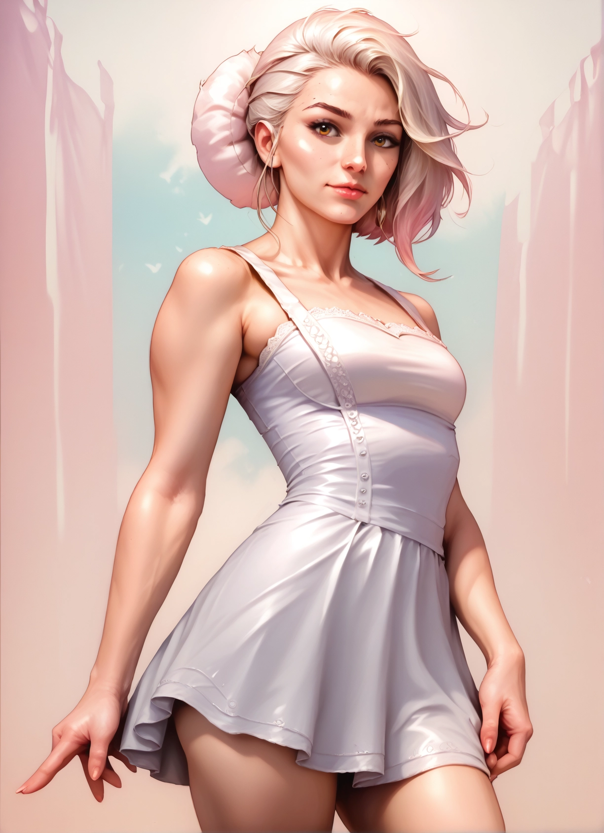 1girl, solo, dress, white dress, breasts, looking at viewer · Yamete.gg