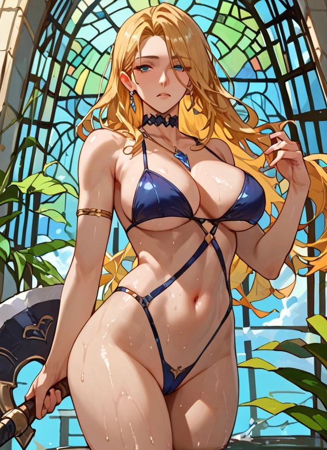 1girl, breasts, swimsuit, bikini, blonde hair, jewelry