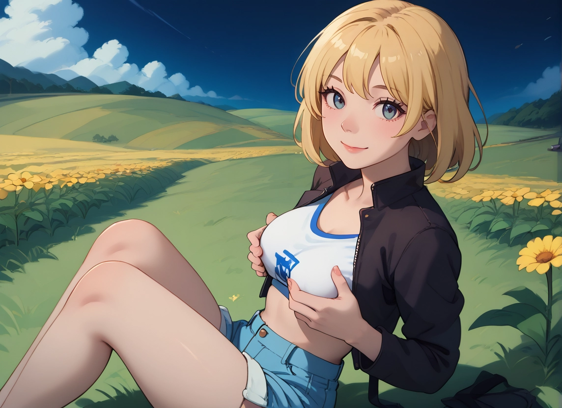 1girl, shorts, flower, solo, blonde hair, breasts · Yamete.gg