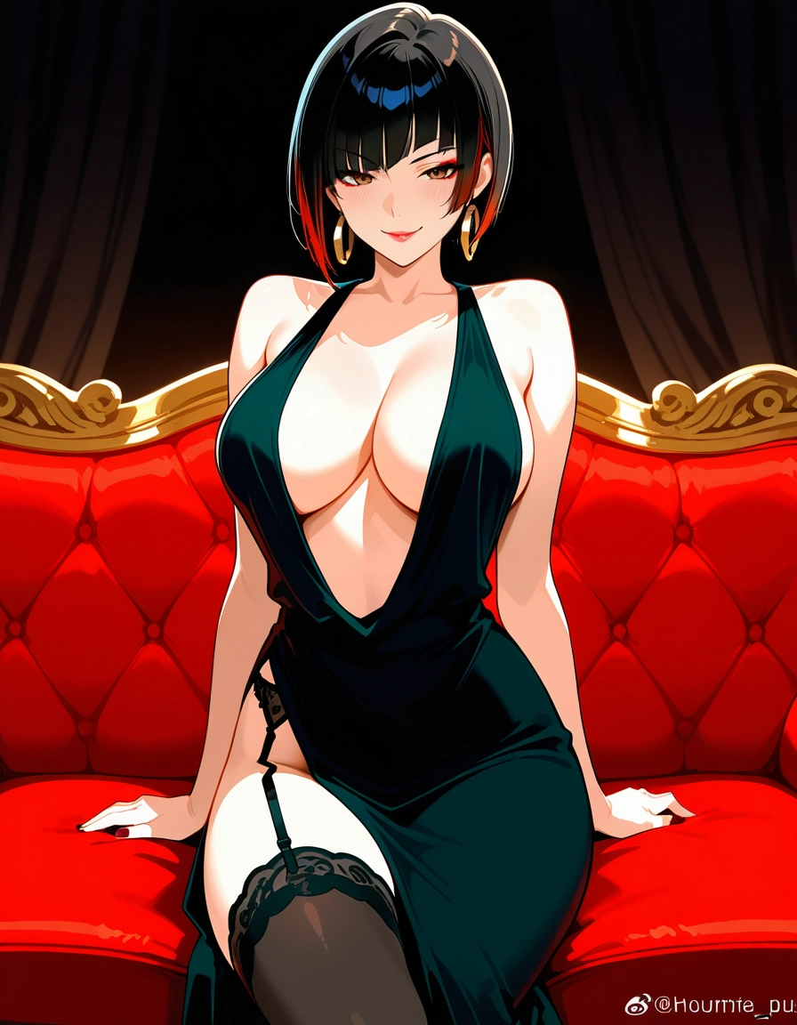 1girl, breasts, solo, jewelry, earrings, black hair · Yamete.gg