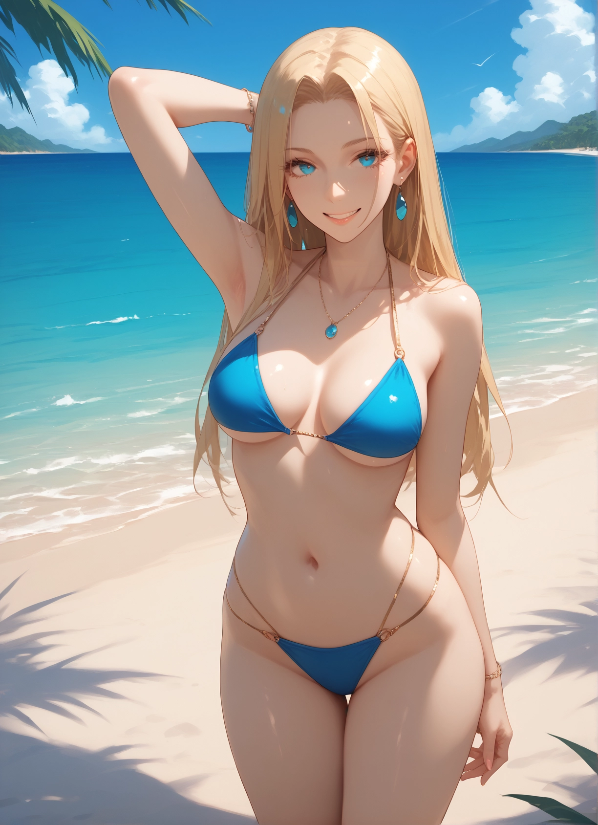 1girl, jewelry, swimsuit, breasts, outdoors, solo