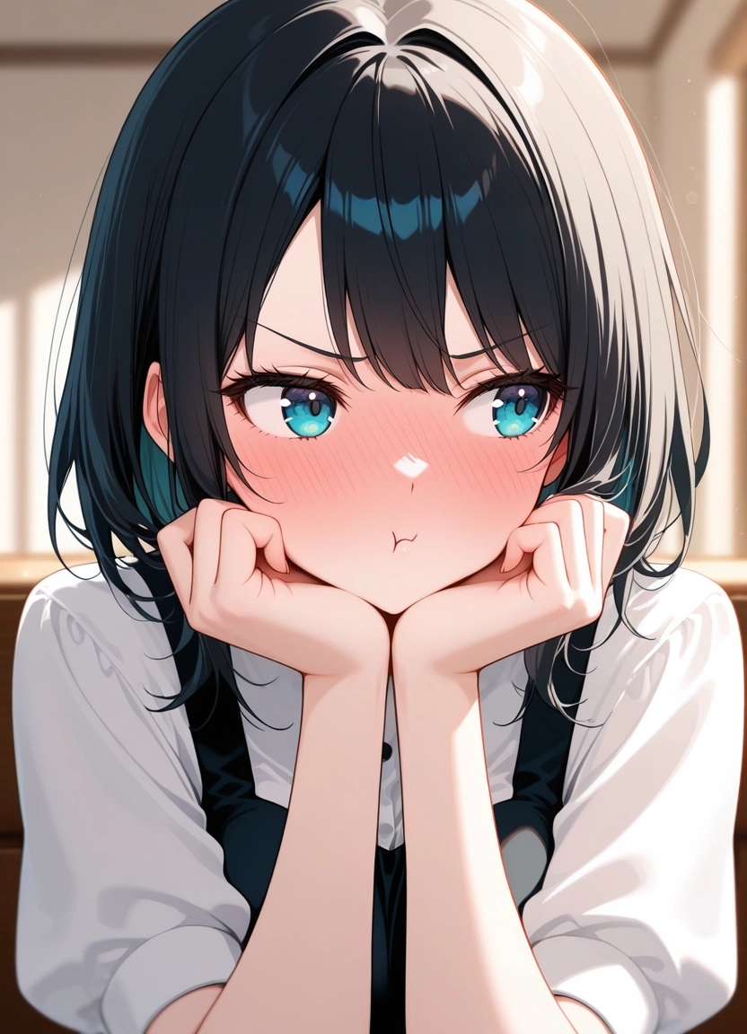 1girl, solo, blush, pout, black hair, blue eyes · Yamete.gg