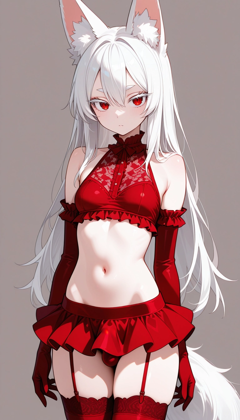 gloves, solo, elbow gloves, animal ears, red eyes, red thighhighs · Yamete.gg