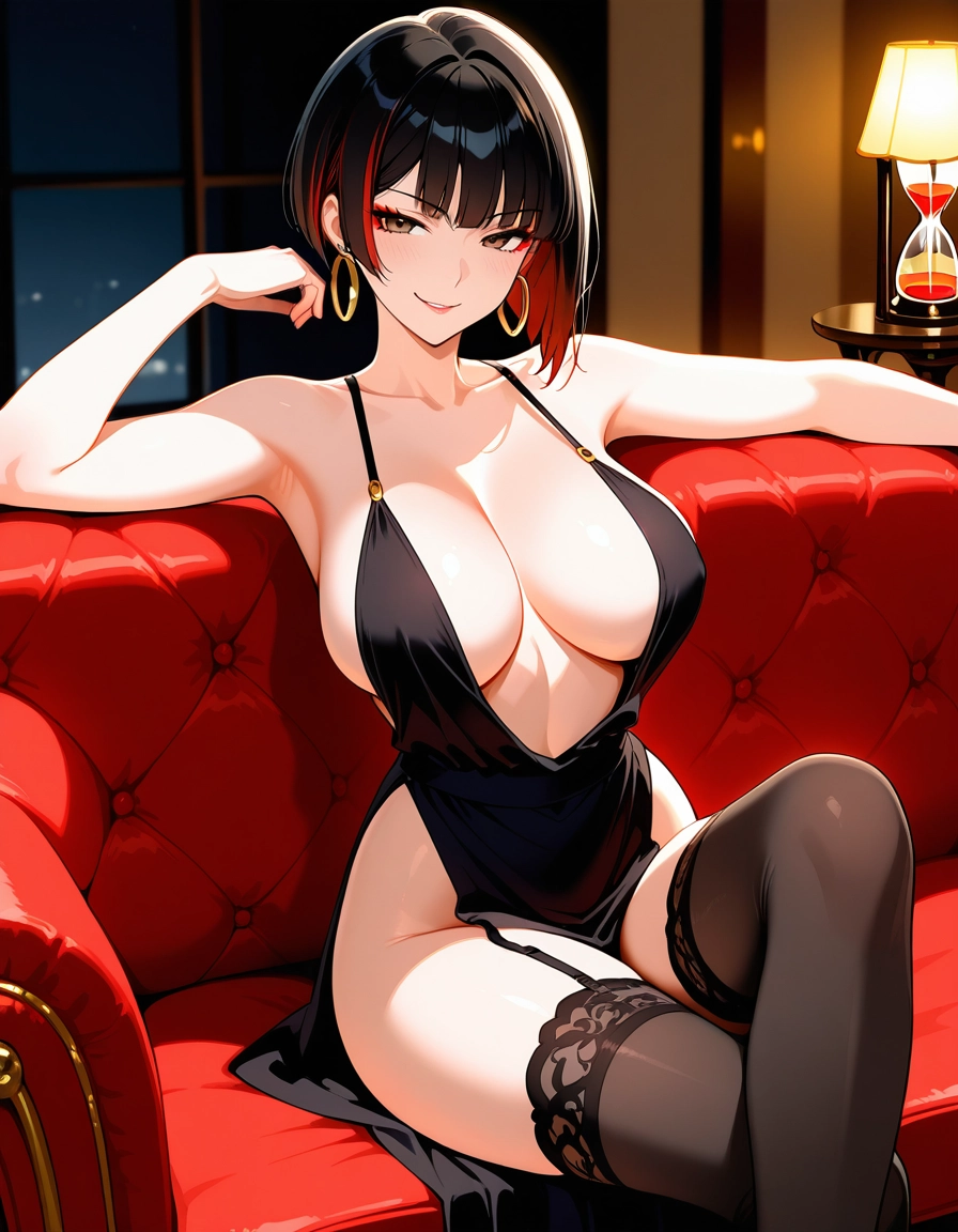 1girl, breasts, large breasts, black hair, green eyes, earrings · Yamete.gg