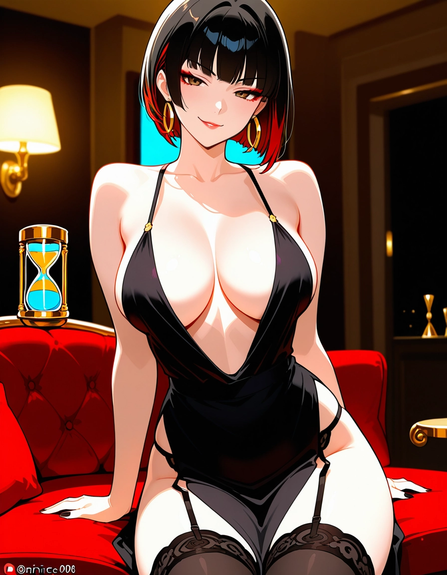 1girl, breasts, black hair, solo, earrings, large breasts · Yamete.gg
