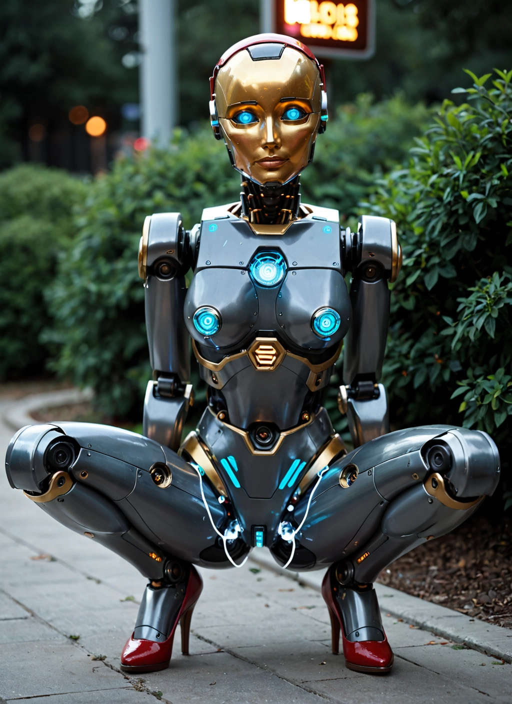 1girl, solo, squatting, high heels, blue eyes, robot joints · Yamete.gg