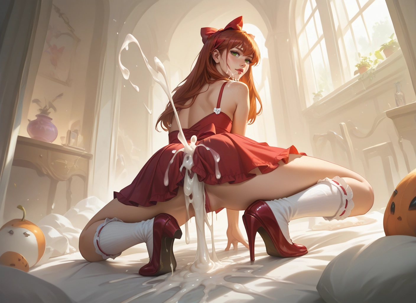 1girl, cum, high heels, green eyes, window, bow · Yamete.gg