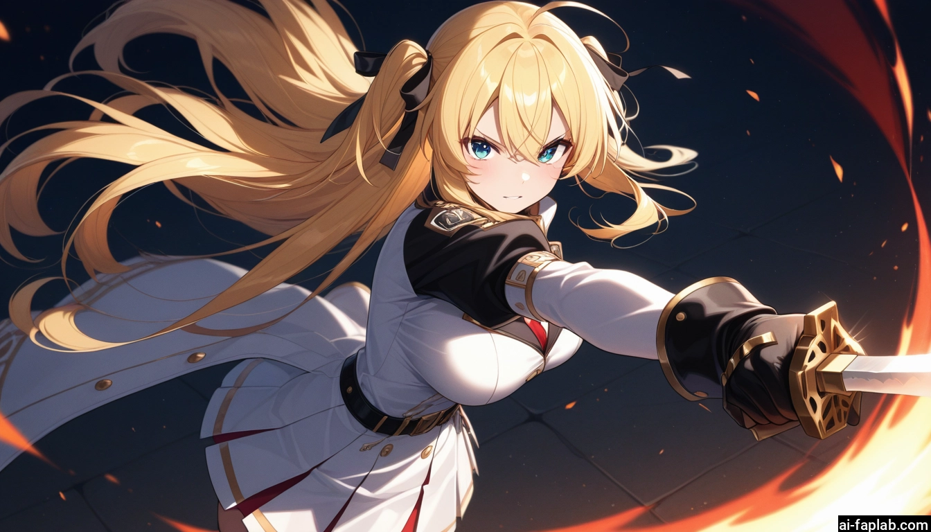 1girl, weapon, long hair, sword, solo, blonde hair