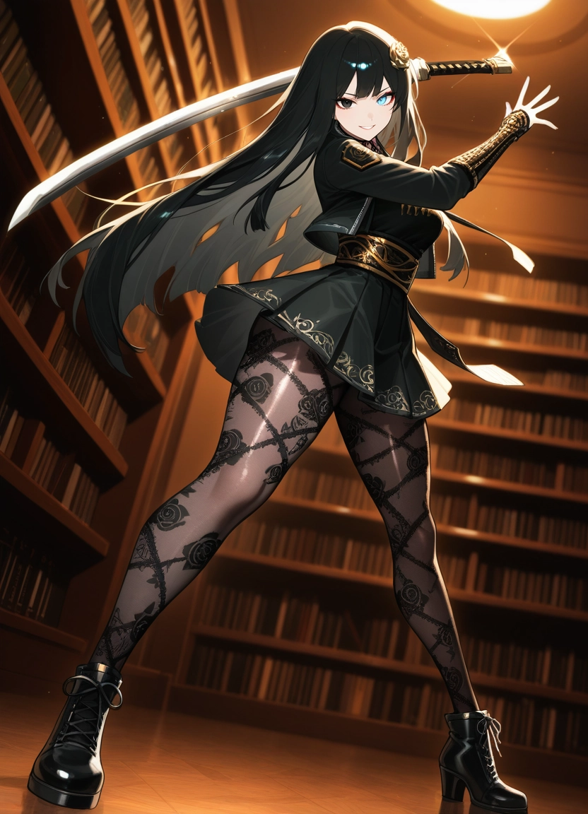 1girl, solo, black hair, long hair, skirt, weapon · Yamete.gg