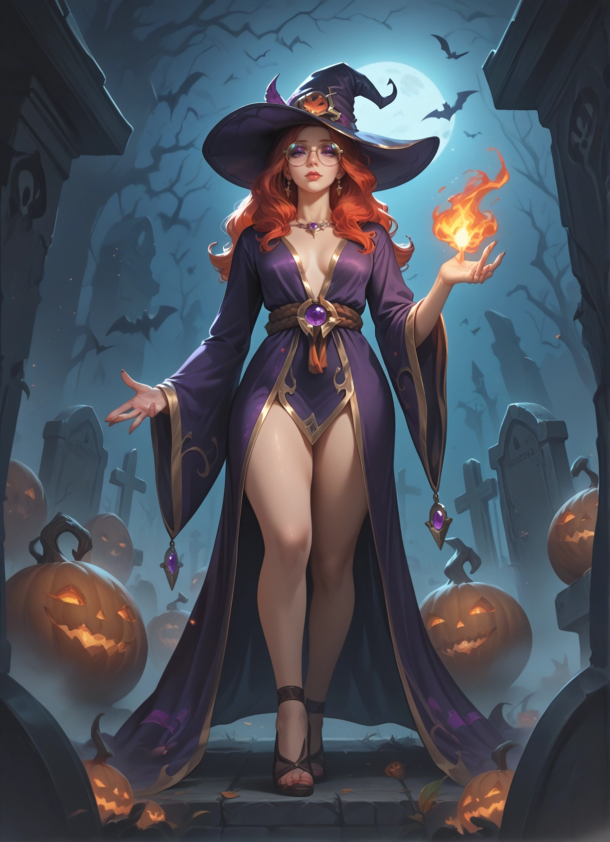 1girl, hat, witch hat, breasts, glasses, moon · Yamete.gg