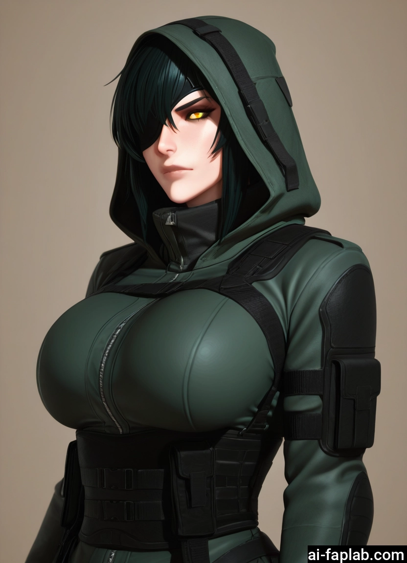 1girl, breasts, hood, yellow eyes, solo, eyepatch