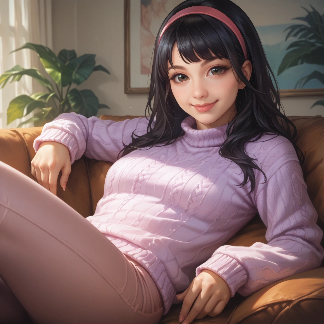 1girl, solo, sweater, black hair, hairband, looking at viewer · Yamete.gg