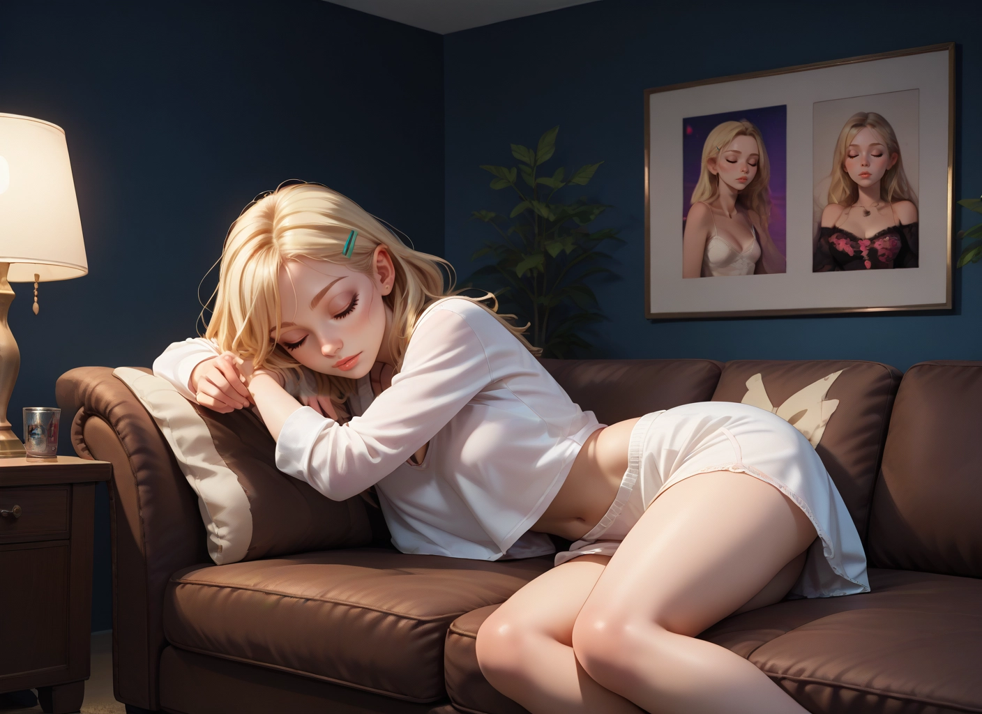 blonde hair, 1girl, hair ornament, breasts, couch, closed eyes · Yamete.gg
