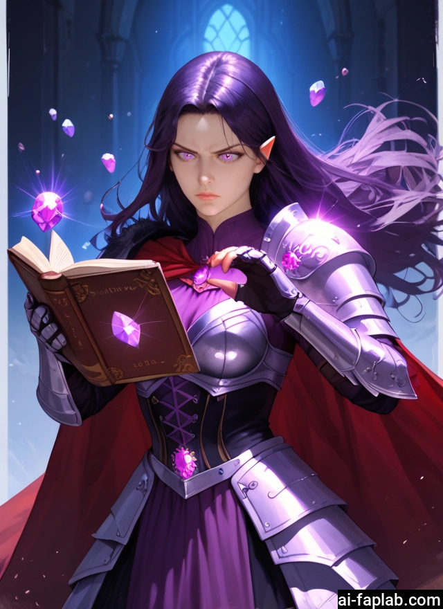1girl, book, armor, purple hair, long hair, solo · Yamete.gg