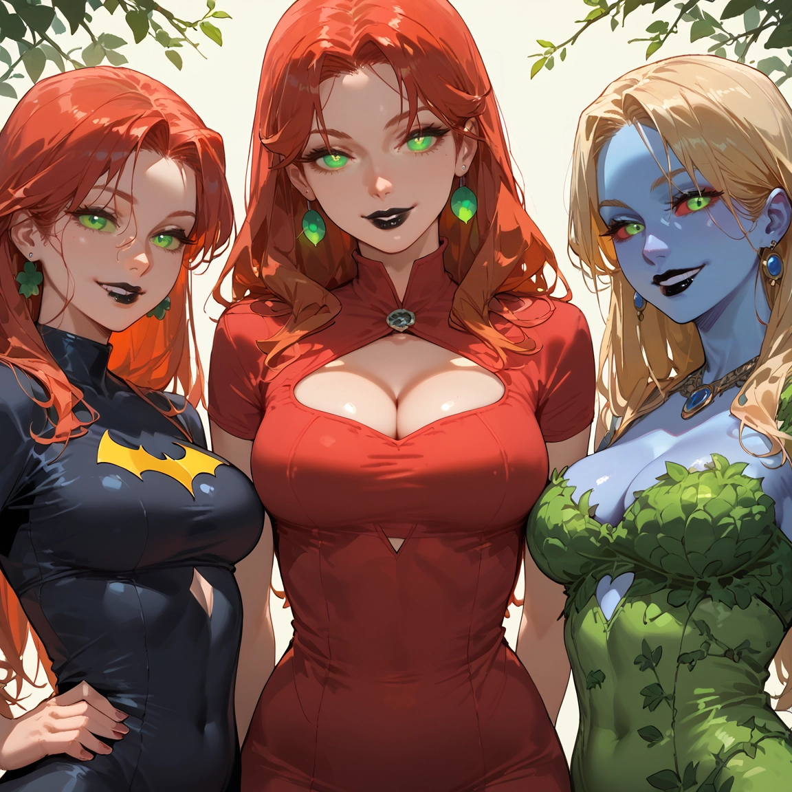 breasts, jewelry, earrings, green eyes, 3girls, cleavage · Yamete.gg