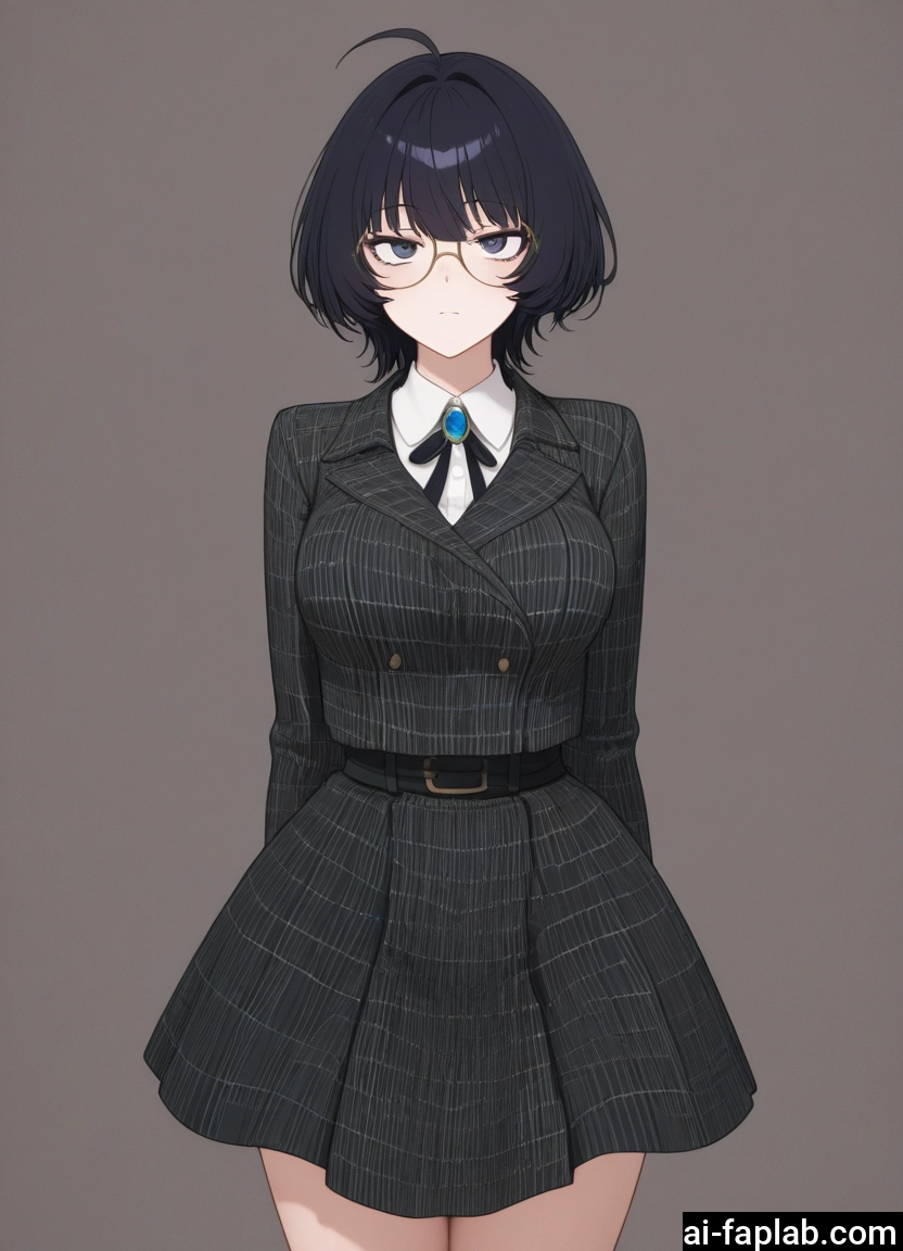 1girl, solo, black hair, glasses, short hair, ahoge