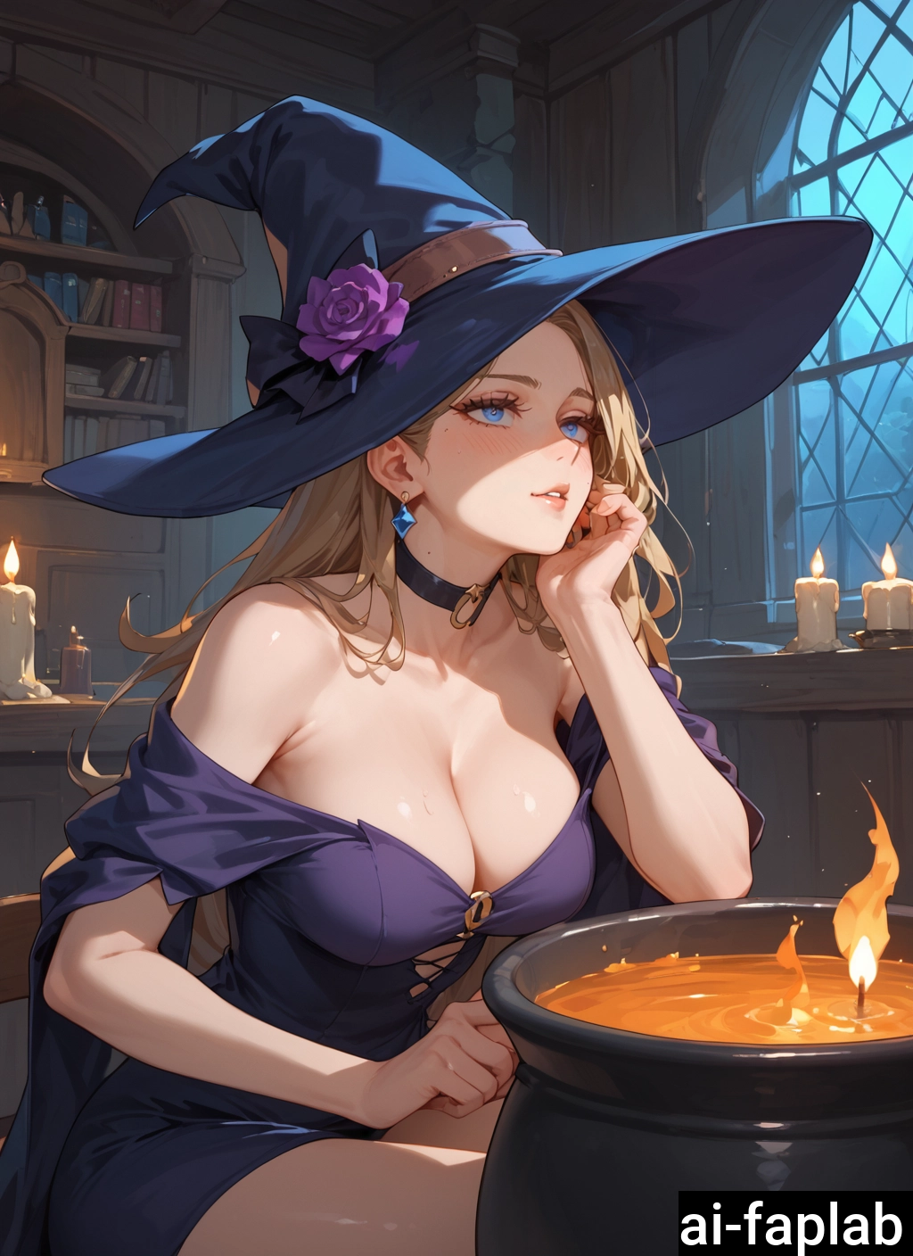 1girl, breasts, hat, witch hat, cleavage, long hair · Yamete.gg