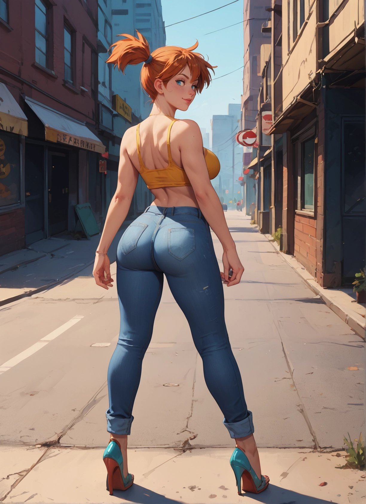 1girl, ass, pants, high heels, breasts, denim · Yamete.gg