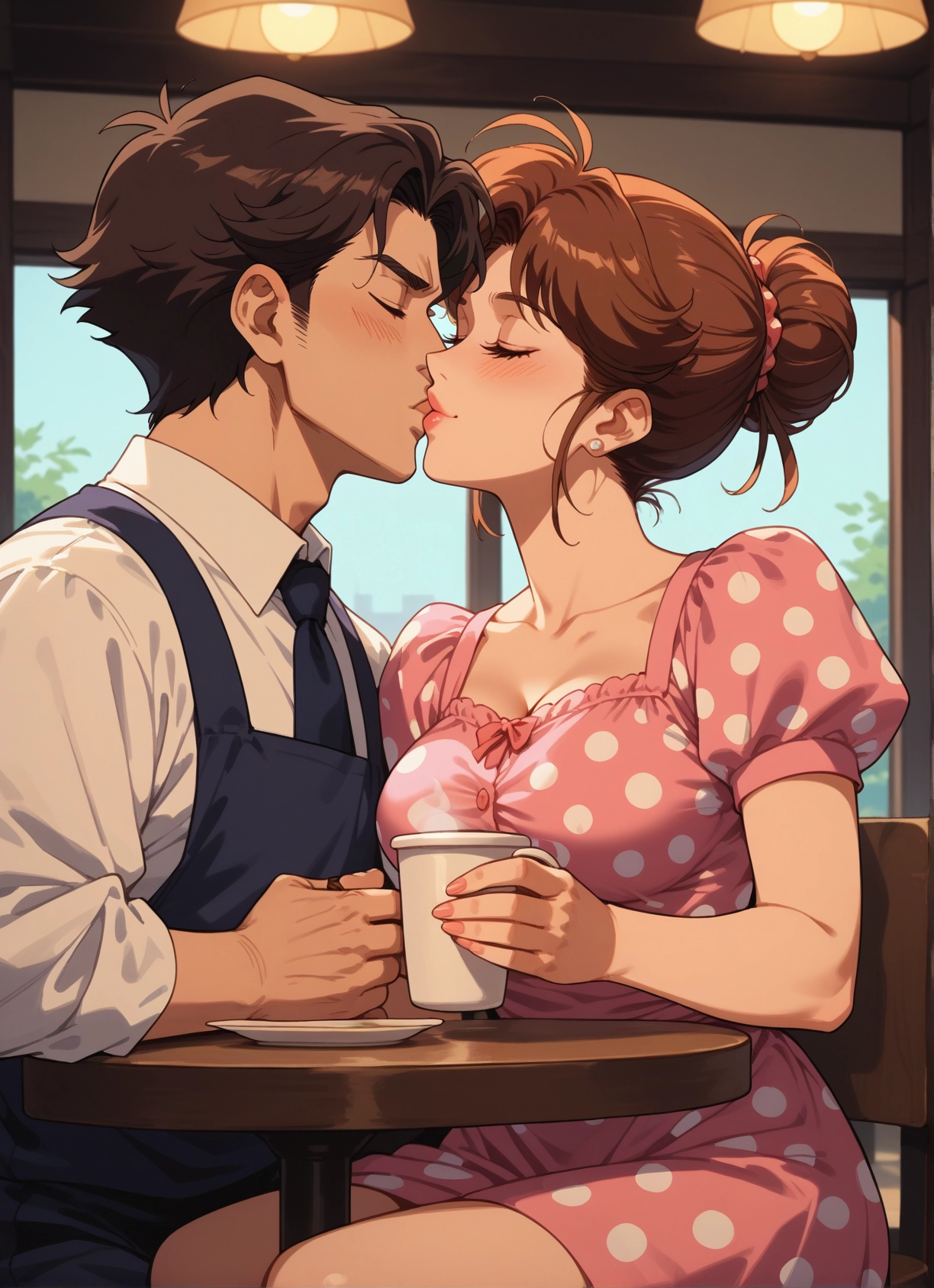 1girl, 1boy, dress, brown hair, cup, breasts · Yamete.gg