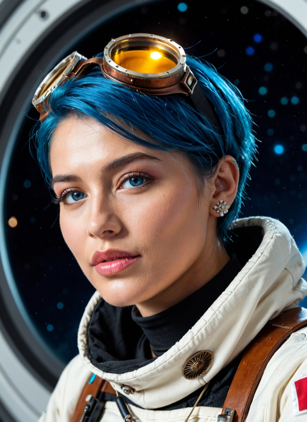 1girl, solo, goggles, blue hair, blue eyes, goggles on head · Yamete.gg