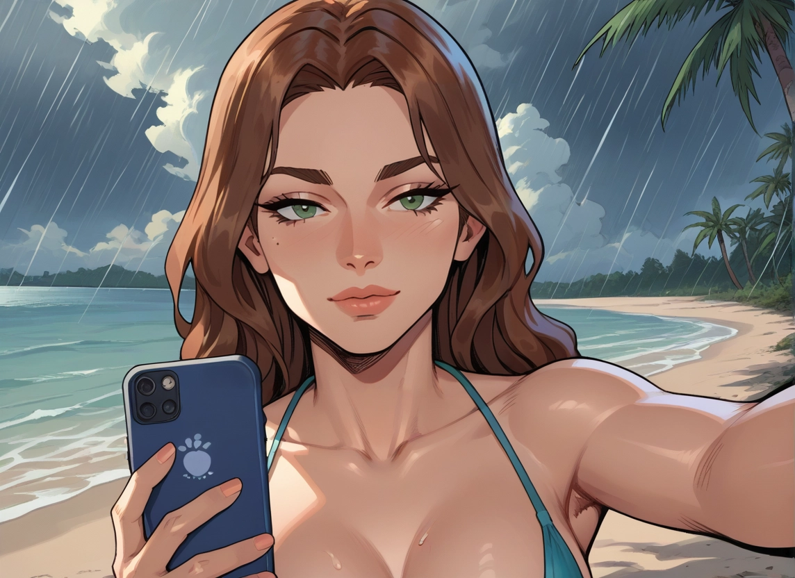 1girl, selfie, green eyes, brown hair, swimsuit, phone · Yamete.gg
