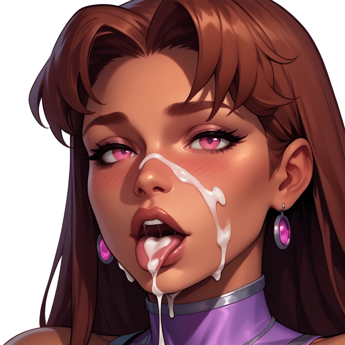 1girl, cum, solo, jewelry, earrings, brown hair · Yamete.gg